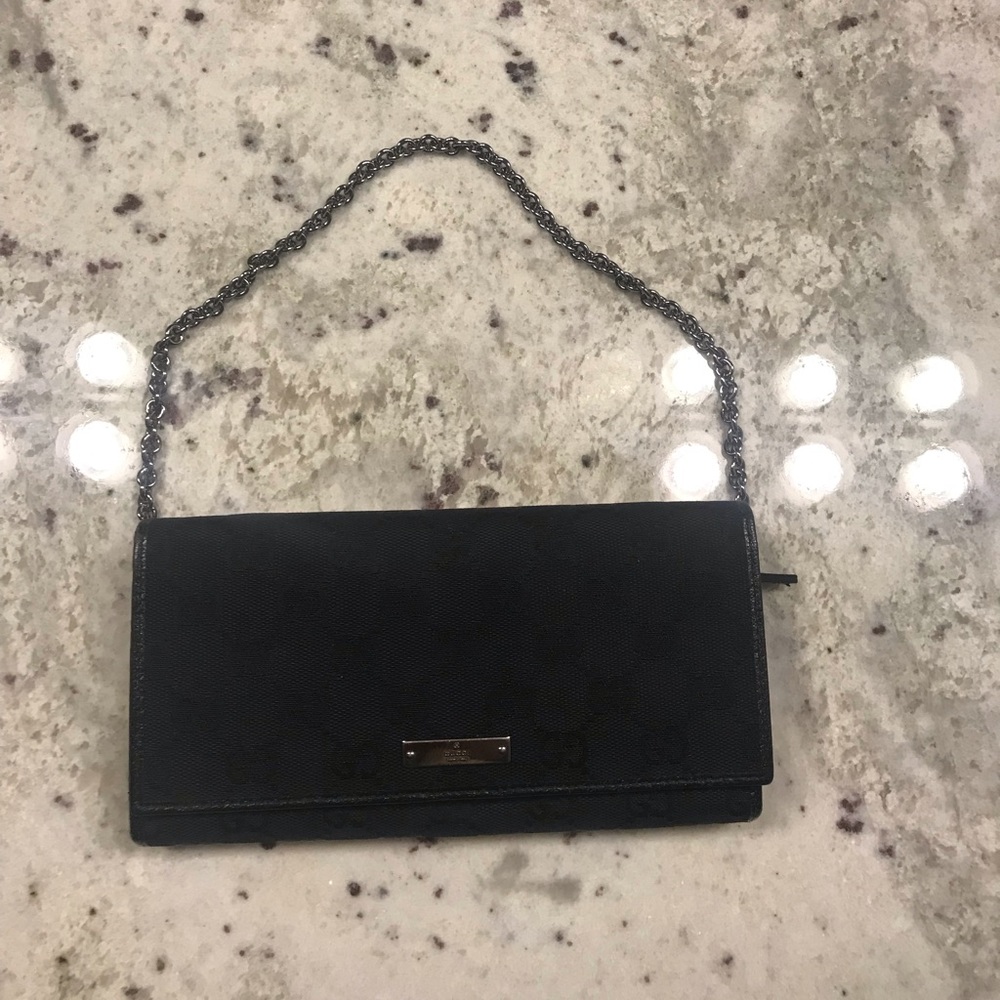 Black Gucci GG Canvas & Leather Wallet w/Chain